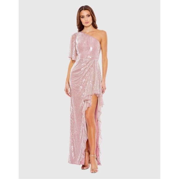 NWT MAC DUGGAL Sequined Flutter Sleeve One Shoulder Draped Gown Size 0 $698 - Picture 1 of 4